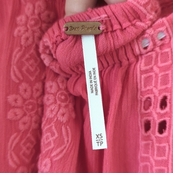 Free People Sweetest Dream Embroidered Long Puff Sleeve Tiered Tunic Top Pink XS - Picture 5 of 16